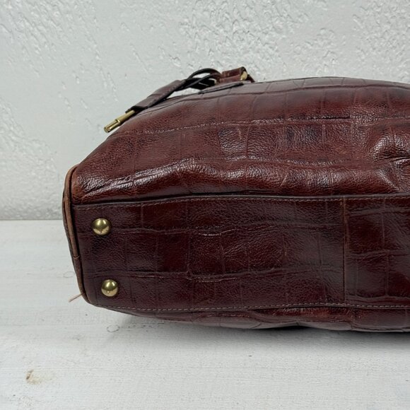Fossil Croc Embossed Leather Satchel Brown Structured Shoulder Bag - Picture 8 of 16